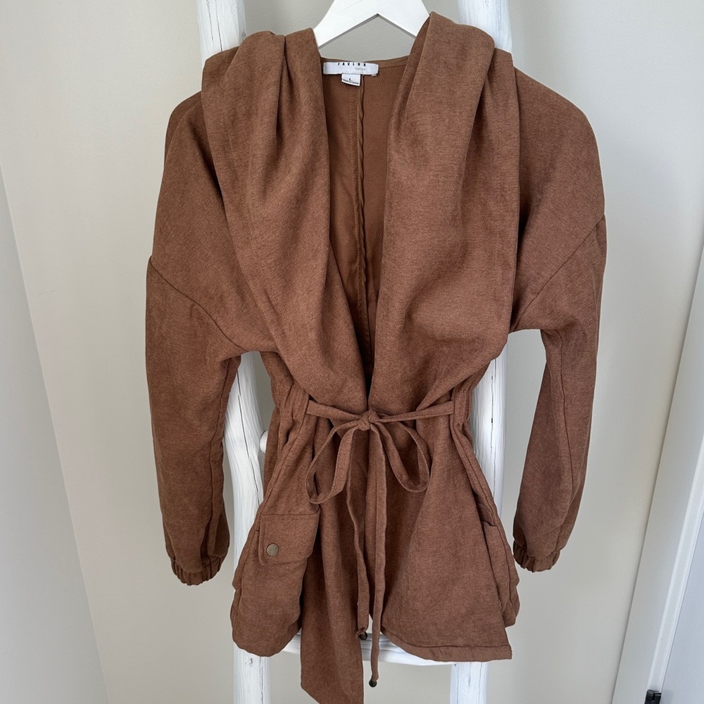 FAVLUX Draped Front Boho Brown Hooded Jacket Size Large